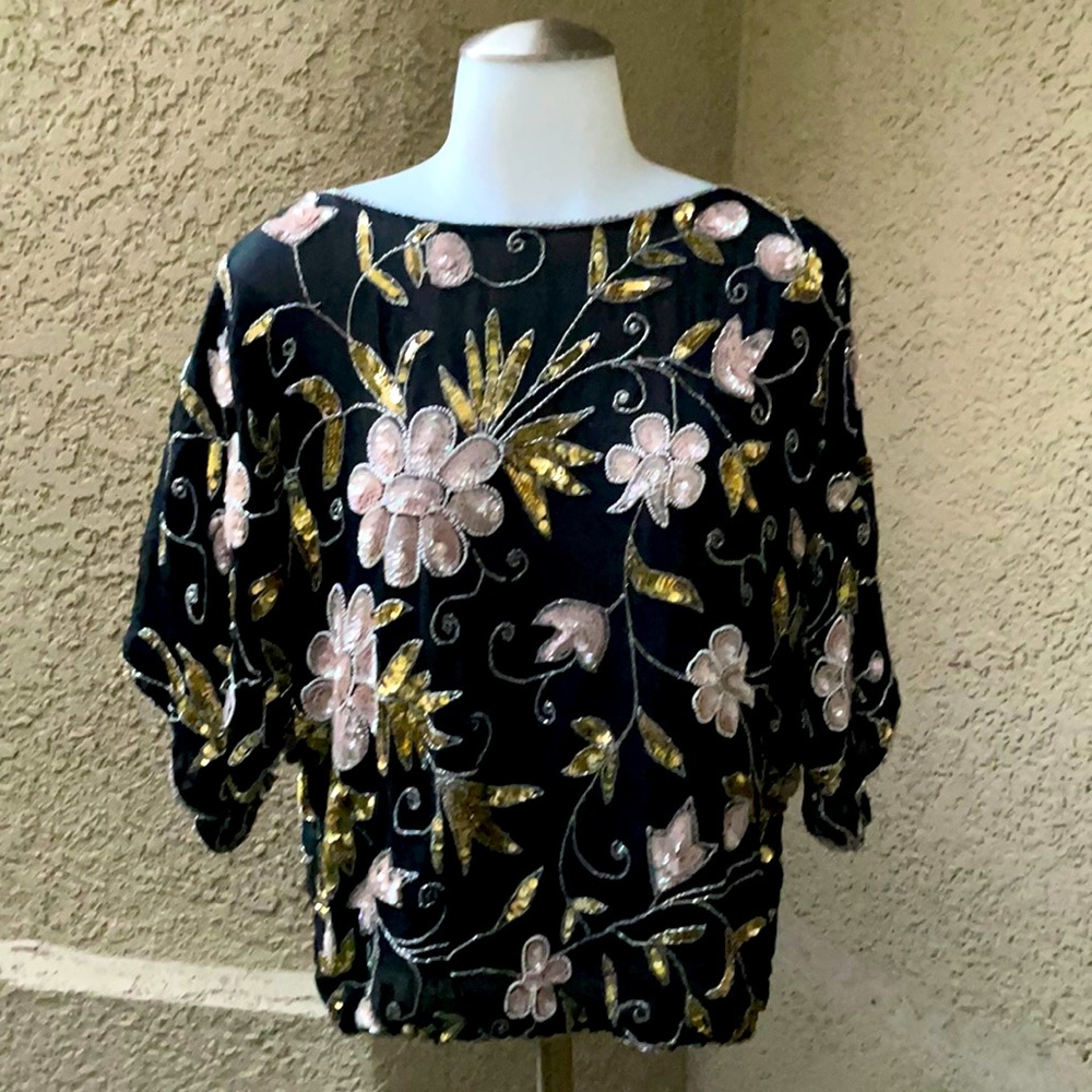 Vintage black floral sequin top